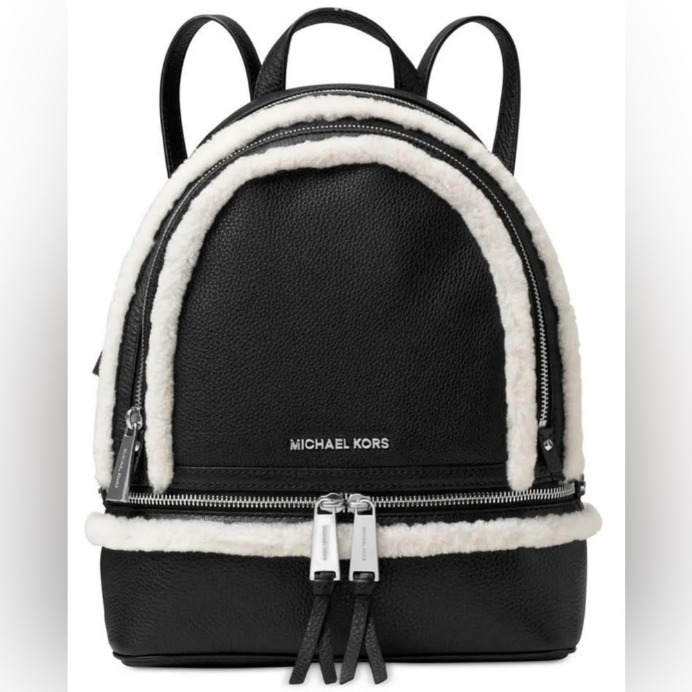 Michael Kors Rhea Fur Black Leather Backpack Sherpa Lined MK Print EUC